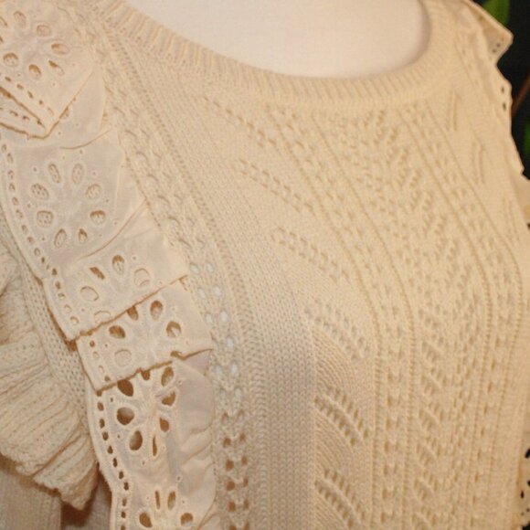 NWT LC Lauren Conrad Cream Women's M Crotchet Knit 3/4 Sleeve Top with Ruffles - Picture 4 of 8